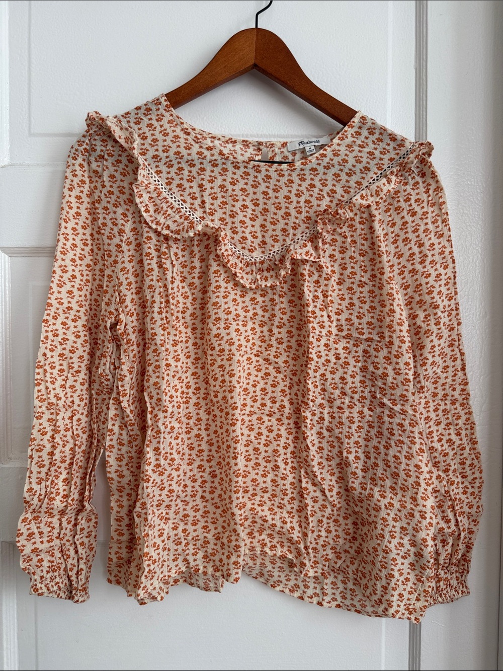 Madewell Cream Blouse with Rust Floral Ruffle Collar